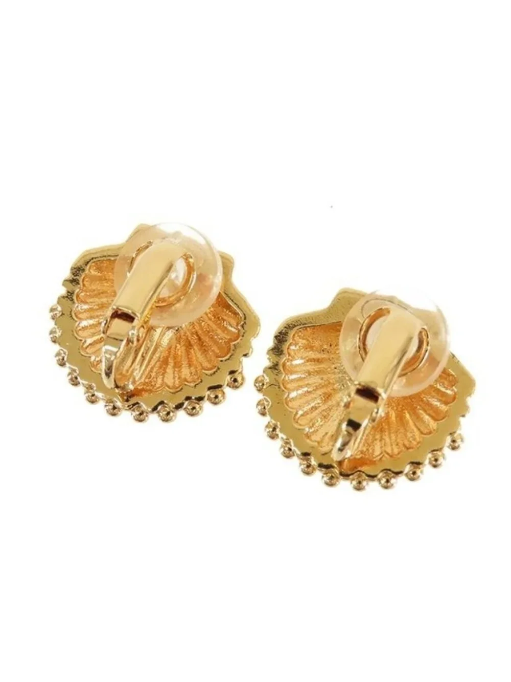Chanel Shell Motif Earrings Gold Metal Rhinestone CC Logo